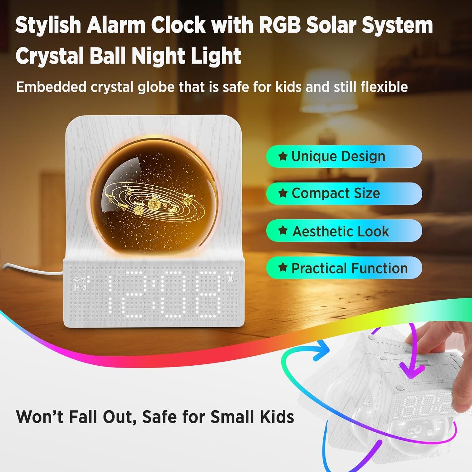 imageDreamSky Small RGB Night Light Alarm Clock for Bedroom Modern Dcor Color Changing Crystal Ball Digital Clock with Loud Alarm for Heavy Sleepers Kids 5 Brightness Dimmer ampamp Volume Boys Girls GiftsWhite