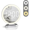 image:imageRound Mirror Lighted Digital Alarm Clock Mirror Surface for Makeup Large Display Easy Setting Auto DST Auto Dimming USB Port Modern Decor for Home Bedroom Office Gift for Women Girl Silver
