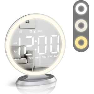 image:imageRound Mirror Lighted Digital Alarm Clock Mirror Surface for Makeup Large Display Easy Setting Auto DST Auto Dimming USB Port Modern Decor for Home Bedroom Office Gift for Women Girl Silver