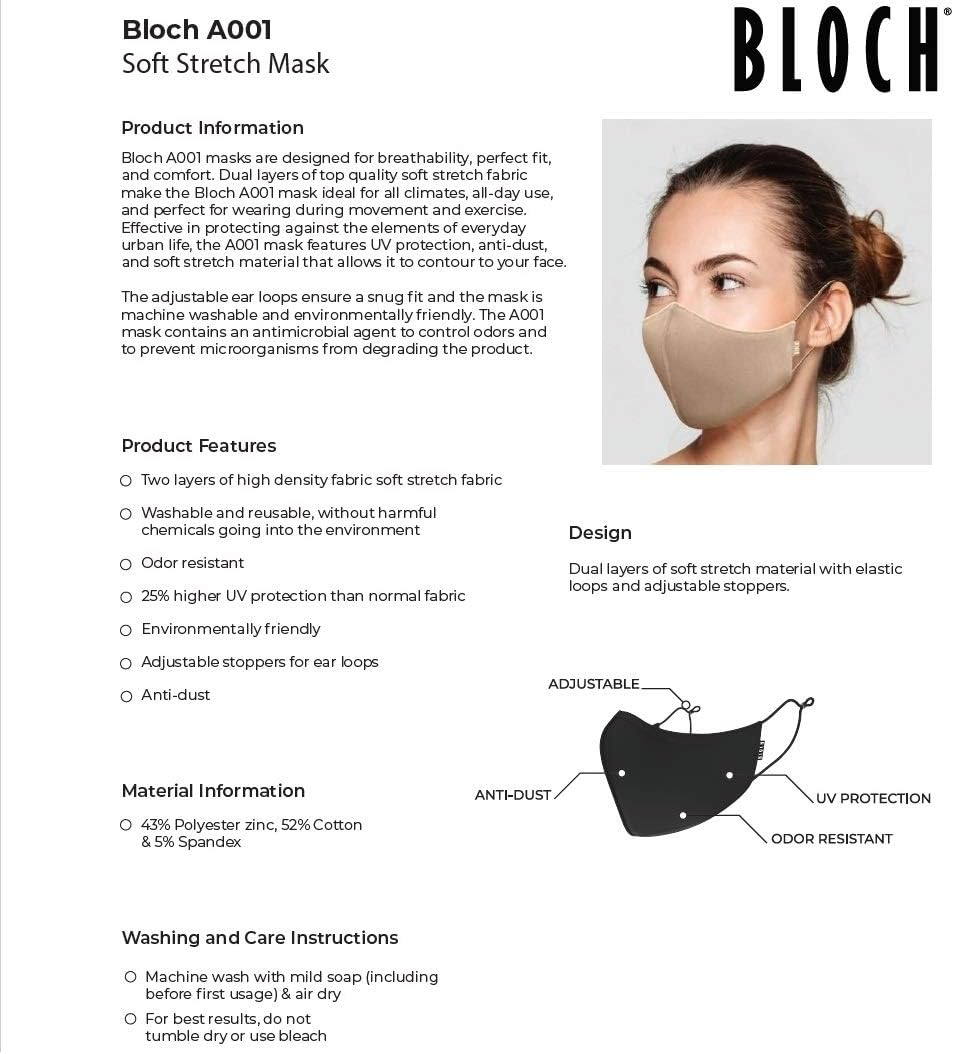 Bloch Soft Stretch Reusable Face Mask Pack of 3Black