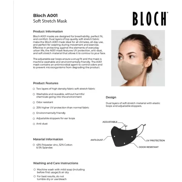 Bloch Soft Stretch Reusable Face Mask Pack of 3White