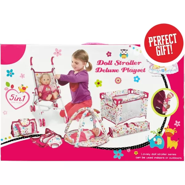 imageLiberty Imports 5in1 Deluxe Newborn Baby Doll Stroller Nursery Playset with Play Mat Playard Baby Carrier and Travel Bag Doll Included