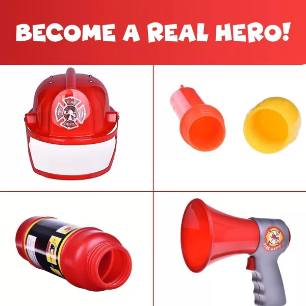 image10 PCs Fireman Gear Firefighter Costume Role Play Career Dress Up Starter Toy Accessories Pretend Play Set with Helmet Tools for Kids Toddlers