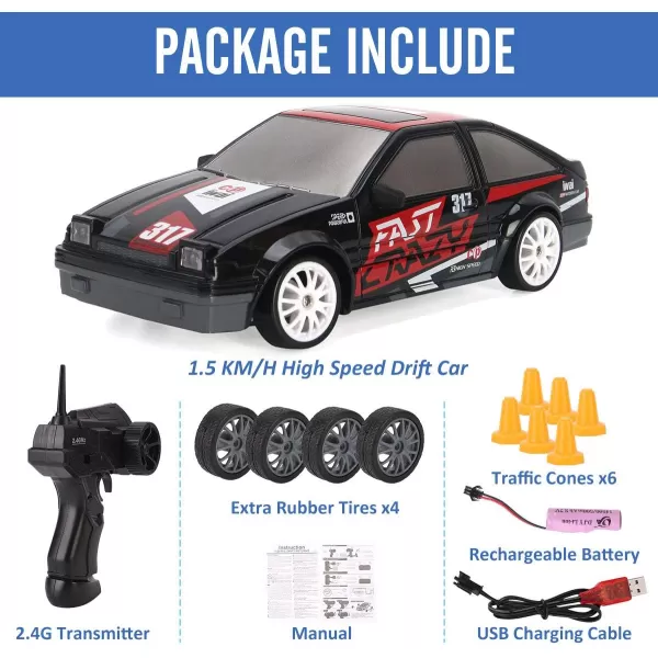 imageLiberty Imports RC Drift Car 124 24GHz 4WD Remote Control Sport Racing OnRoad Vehicle with LED Light Batteries and Drift Tires BlueBlack