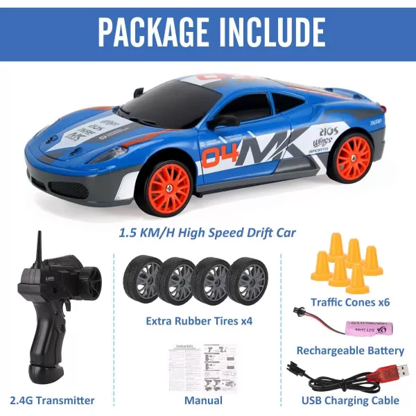 imageLiberty Imports RC Drift Car 124 24GHz 4WD Remote Control Sport Racing OnRoad Vehicle with LED Light Batteries and Drift Tires BlueBlue