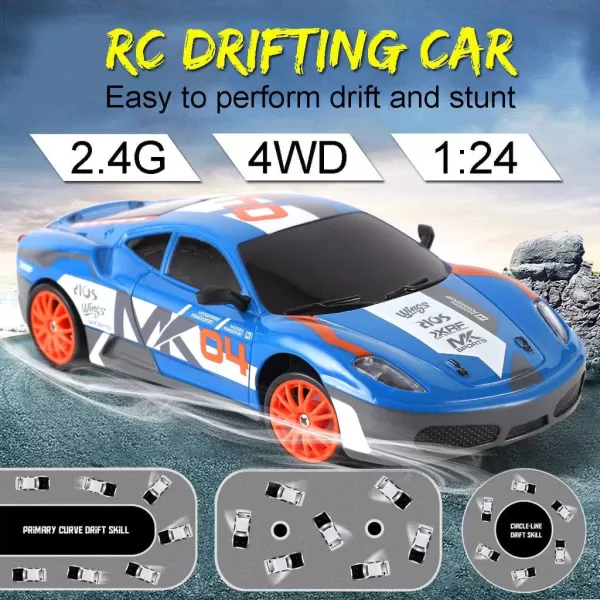 imageLiberty Imports RC Drift Car 124 24GHz 4WD Remote Control Sport Racing OnRoad Vehicle with LED Light Batteries and Drift Tires BlueBlue