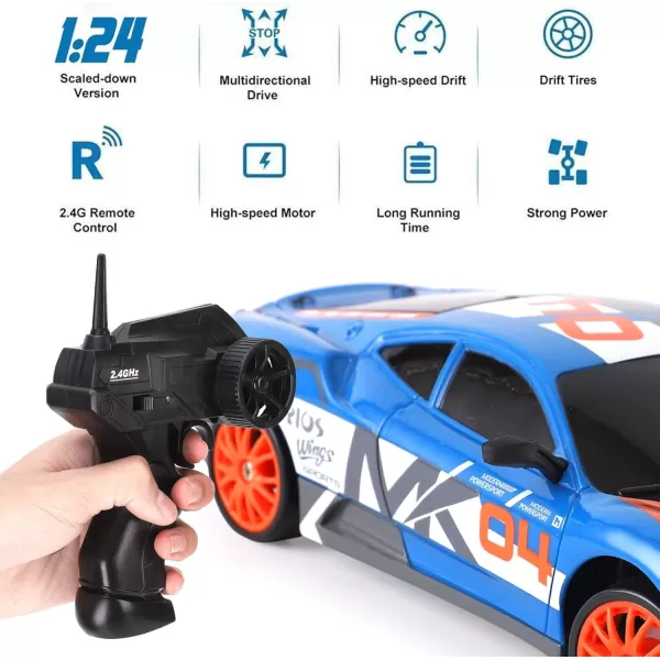 imageLiberty Imports RC Drift Car 124 24GHz 4WD Remote Control Sport Racing OnRoad Vehicle with LED Light Batteries and Drift Tires BlueBlue