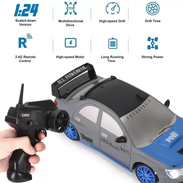 imageLiberty Imports RC Drift Car 124 24GHz 4WD Remote Control Sport Racing OnRoad Vehicle with LED Light Batteries and Drift Tires BlueSilver