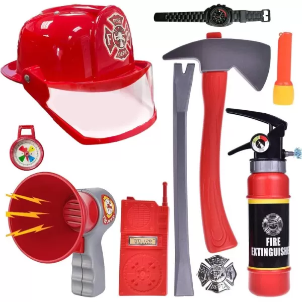 image10 PCs Fireman Gear Firefighter Costume Role Play Career Dress Up Starter Toy Accessories Pretend Play Set with Helmet Tools for Kids Toddlers