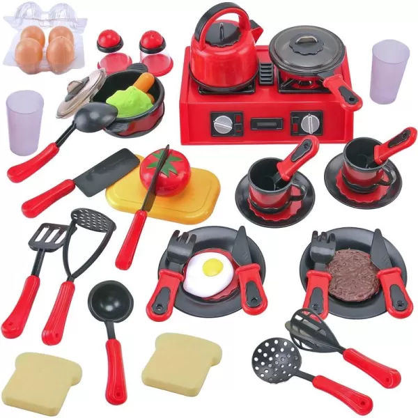 image44 Pieces Kids Kitchen Toy Accessories Mini Breakfast Stove Top Appliances Playset with Fake Cookware Pretend Play Food and Utensils