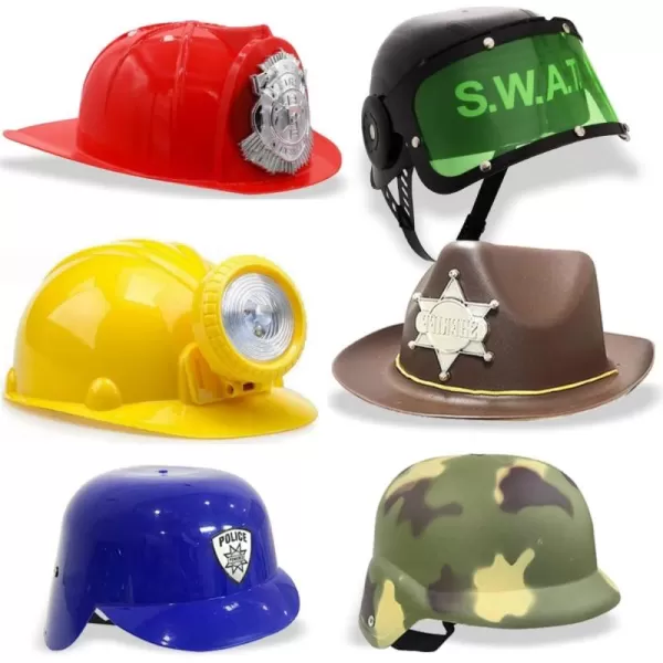 imageLiberty Imports 6 PACK  Dress Up Pretend Career Role Play Hard Hats ampamp Helmets for Little Kids  Halloween Costume Role Play Toddler Dressup Set Police Fireman Construction SWAT Cowboy Army