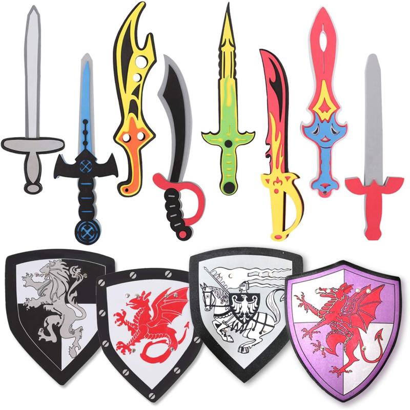image12 Pack Foam Swords and Shields Playset Medieval Combat Ninja Warrior Weapons Costume Role Play Accessories for Kids Party Favors