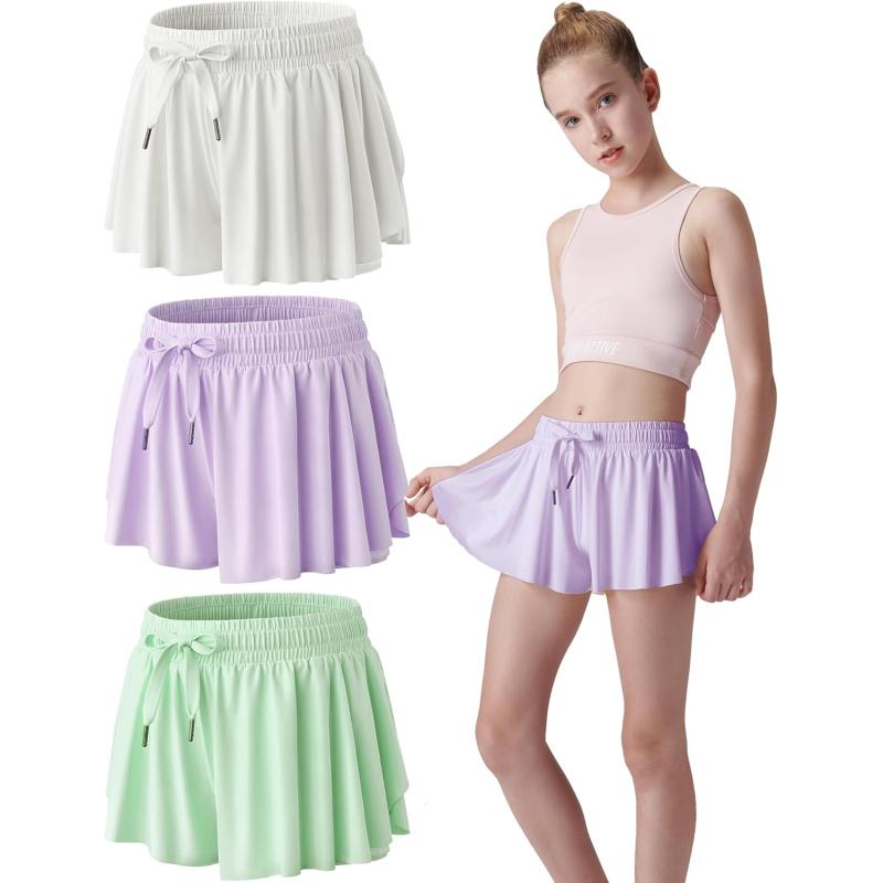 image3 Pack Girls Flowy Shorts with Spandex Liner 2in1 Youth Butterfly Skirts for Fitness Running SportsWhiteOrchidLight Green