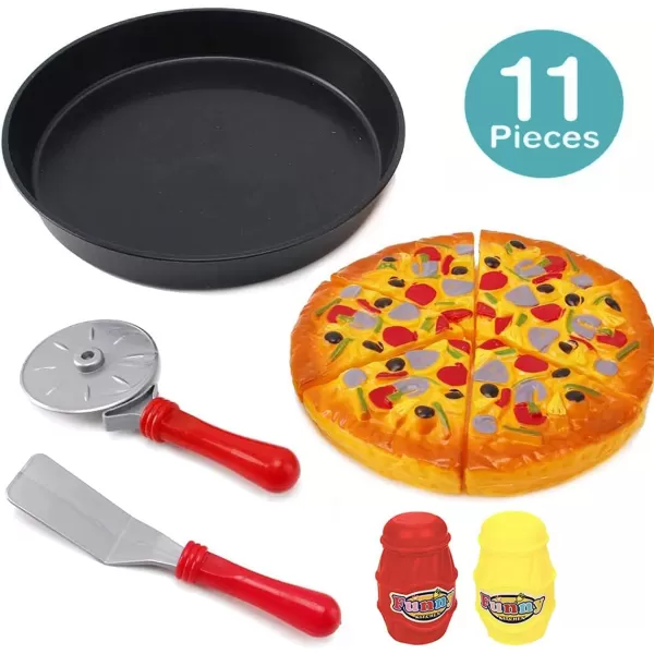 image11 PCS Pizza Party Toy Play Set for Kids Pizza Pie Pretend Play Food  Slice and Serve Plastic Kitchen Cooking and Cutting Playset