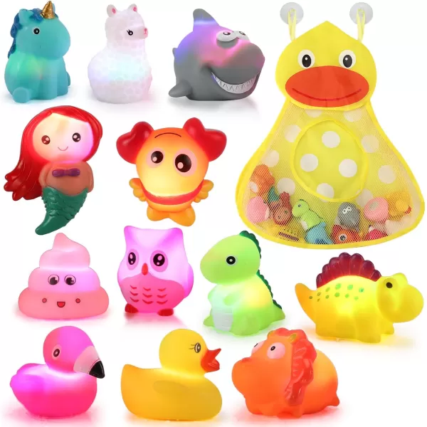 image12 PCS Light Up Bath Toys with Duck Mesh Tub Storage Organizer Toddler Flashing Color Changing LED Bathtub Mermaid Toy in Water for Kids