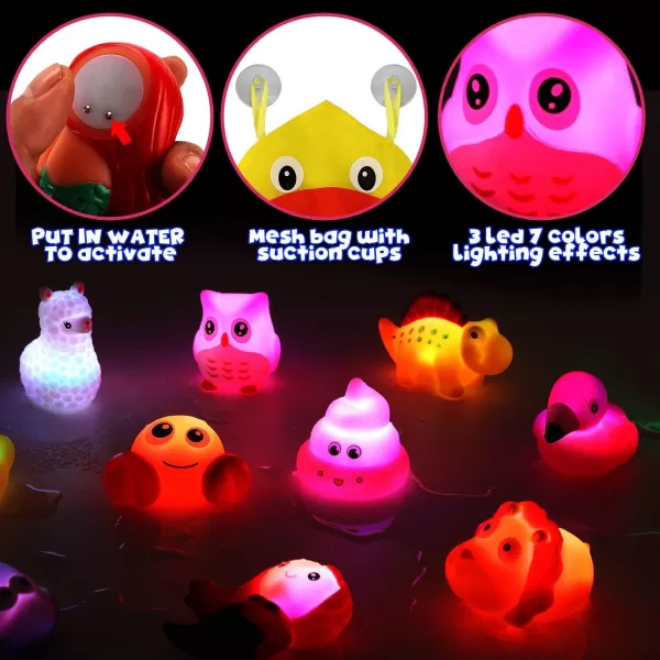 image12 PCS Light Up Bath Toys with Duck Mesh Tub Storage Organizer Toddler Flashing Color Changing LED Bathtub Mermaid Toy in Water for Kids