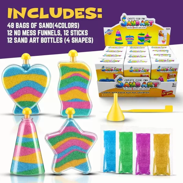 image12 Pack Sand Art Kits for Kids  Create Your Own Colored Sand Art Includes 12 Bottles Funnels Sticks 48 Bags of Sand for Arts and Crafts Schools Birthday Party Favors Bulk 1 Dozen