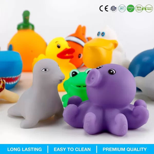 image15 PCS Ocean Animals Rubber Bath Toy Water Squirters with Floating Bathtub Squeeze and Play Soft Sea Creatures anf Fishing Net for Baby Toddlers and Kids