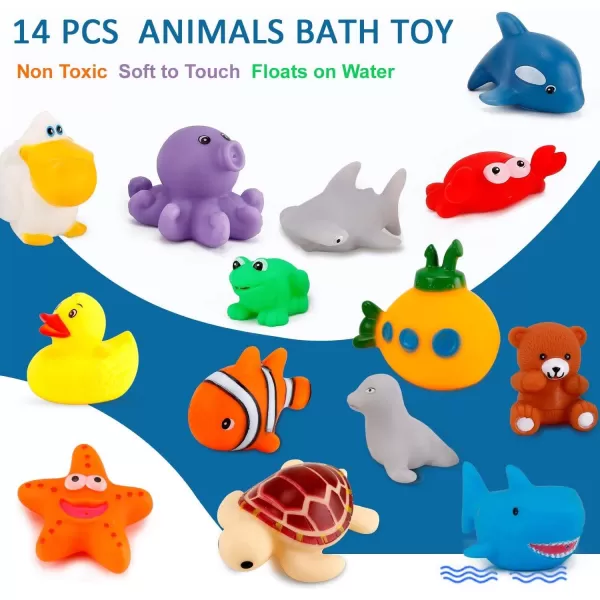 image15 PCS Ocean Animals Rubber Bath Toy Water Squirters with Floating Bathtub Squeeze and Play Soft Sea Creatures anf Fishing Net for Baby Toddlers and Kids