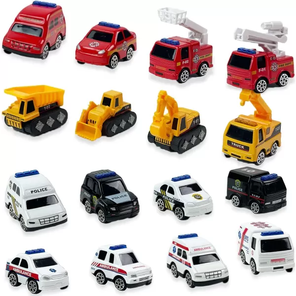 image16Piece Diecast Metal Toy Car Set  Fun Play Trucks with Police Construction Ambulance ampamp Firetruck Vehicles in 4 Storage Tubes  Perfect for Party Favors ampamp Kids