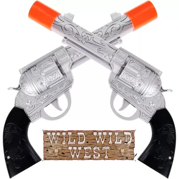 image2 Pack Kids Western Dual Cowboy Pistols Belt and Holster Set  Battery Operated 11quot Wild West Outlaw Toy Guns with Realistic Sounds for Role Play Cosplay Costume Accessories Stage Props