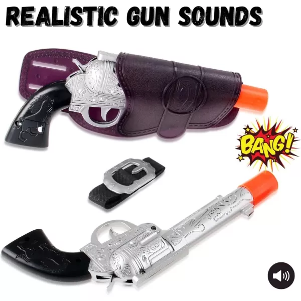 image2 Pack Kids Western Dual Cowboy Pistols Belt and Holster Set  Battery Operated 11quot Wild West Outlaw Toy Guns with Realistic Sounds for Role Play Cosplay Costume Accessories Stage Props
