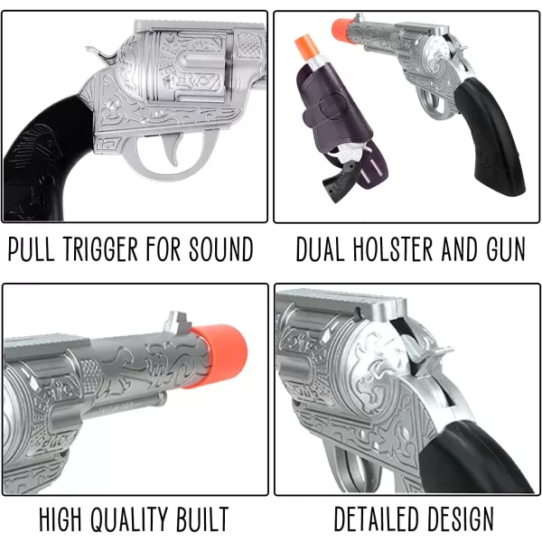 image2 Pack Kids Western Dual Cowboy Pistols Belt and Holster Set  Battery Operated 11quot Wild West Outlaw Toy Guns with Realistic Sounds for Role Play Cosplay Costume Accessories Stage Props