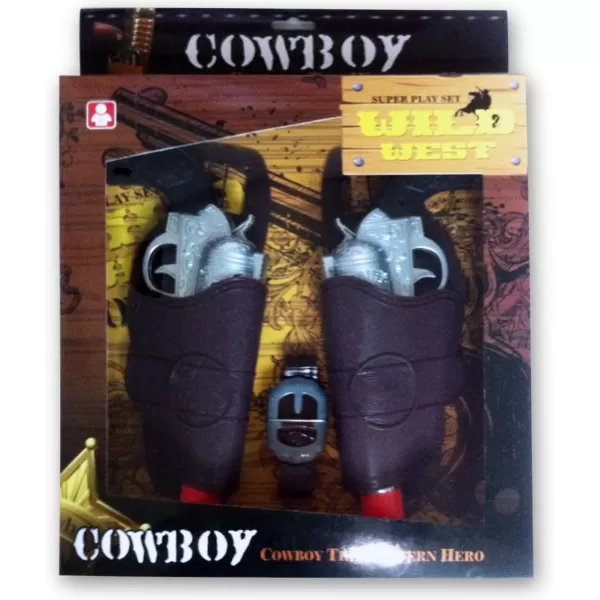 image2 Pack Kids Western Dual Cowboy Pistols Belt and Holster Set  Battery Operated 11quot Wild West Outlaw Toy Guns with Realistic Sounds for Role Play Cosplay Costume Accessories Stage Props