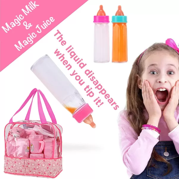 image28 PCS Baby Doll Accessories Complete Car Set  Doll Feeding Pretend Playset for Kids Girls with Magic Milk Bottles in a Storage Bag