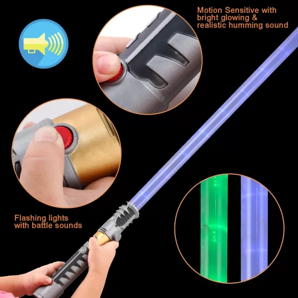 image2in1 LED Light Up Sabers Dual Bladed Toy Saber Swords Set for Kids with FX Power Up and Motion Sensitive Sound Effects for Cosplay