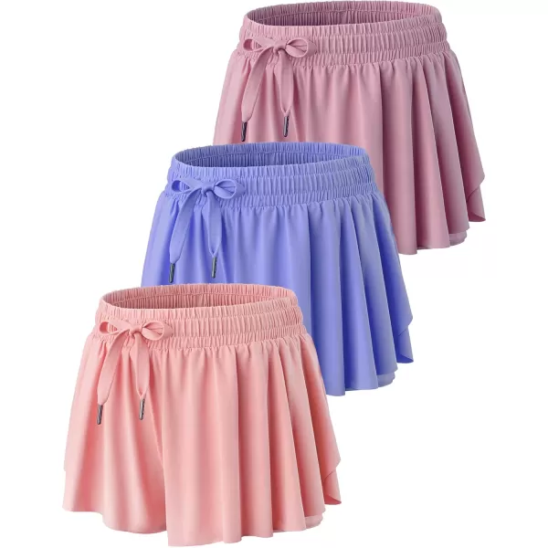 image3 Pack Girls Flowy Shorts with Spandex Liner 2in1 Youth Butterfly Skirts for Fitness Running SportsPeachPeriwinkleRed Violet