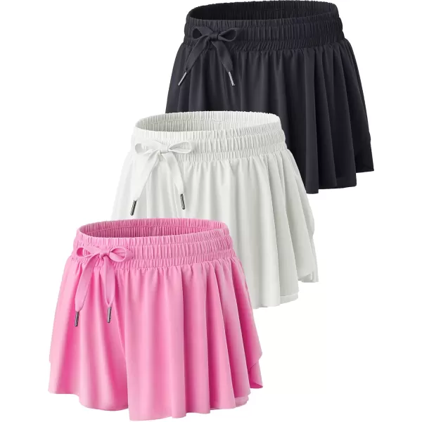 image3 Pack Girls Flowy Shorts with Spandex Liner 2in1 Youth Butterfly Skirts for Fitness Running SportsPinkWhiteBlack