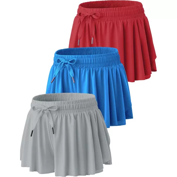 image3 Pack Girls Flowy Shorts with Spandex Liner 2in1 Youth Butterfly Skirts for Fitness Running SportsRedGrayBlue