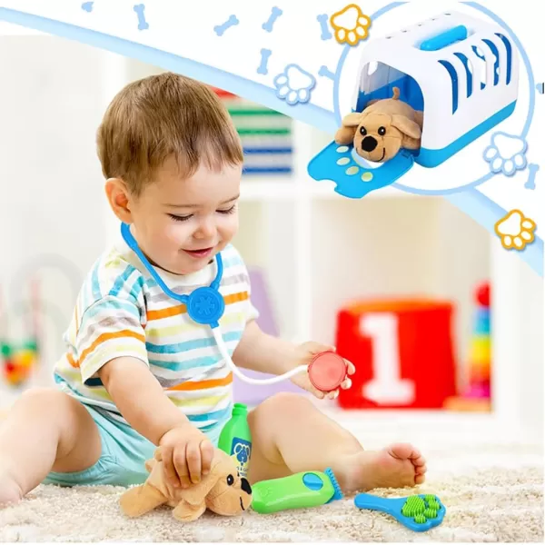 imageDeluxe Complete Vet Pet Care Play Set  Veterinarian Pretend Doctor Role Play Grooming Toy Kit with Plush Dog ampamp Cat 34 Pcs