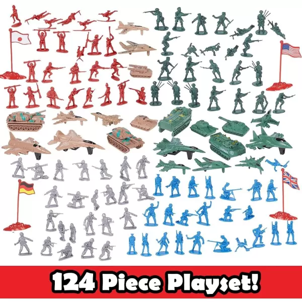 imageLiberty Imports 124 PCS Army Men Toy Figures Military Forces Bucket Play Set World War II Battle Plastic Soldiers Set with Vehicles for Boys Kids Imaginary Play