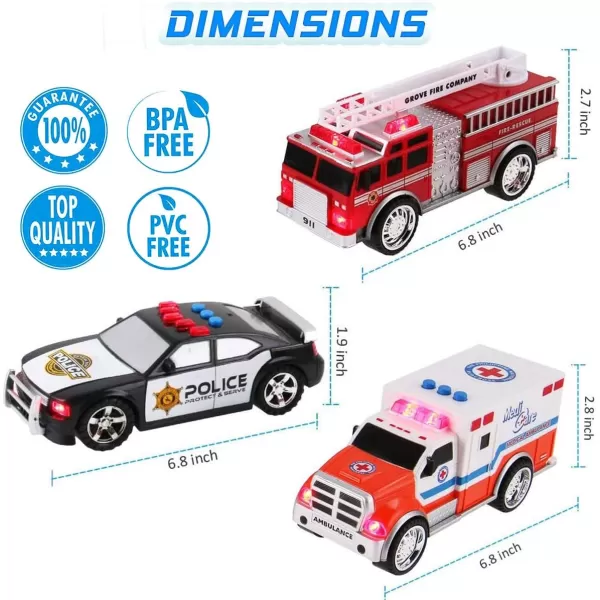 imageLiberty Imports 3in1 True Hero Emergency Rescue Vehicles Kids Toy Cars Playset  Ambulance Fire Truck and Police Car with 3Button LED Light and Sound Effects