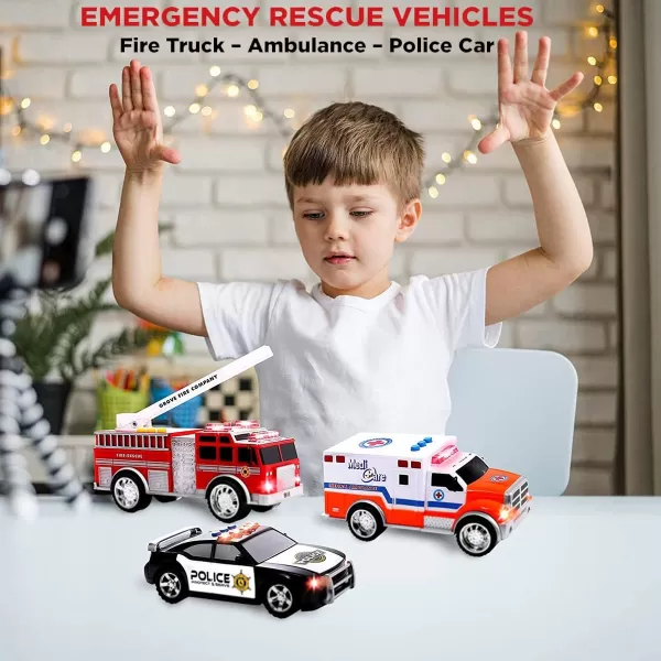 imageLiberty Imports 3in1 True Hero Emergency Rescue Vehicles Kids Toy Cars Playset  Ambulance Fire Truck and Police Car with 3Button LED Light and Sound Effects