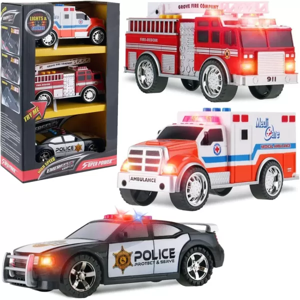 imageLiberty Imports 3in1 True Hero Emergency Rescue Vehicles Kids Toy Cars Playset  Ambulance Fire Truck and Police Car with 3Button LED Light and Sound Effects