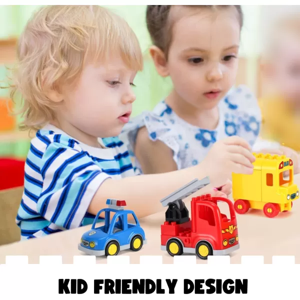 imageLiberty Imports 4Pack City Vehicles Transportation Set Big Building Blocks Compatible with Lego DUPLO  Includes Police Car Fire Truck School Bus Motorcycle Toys for Kids Toddlers