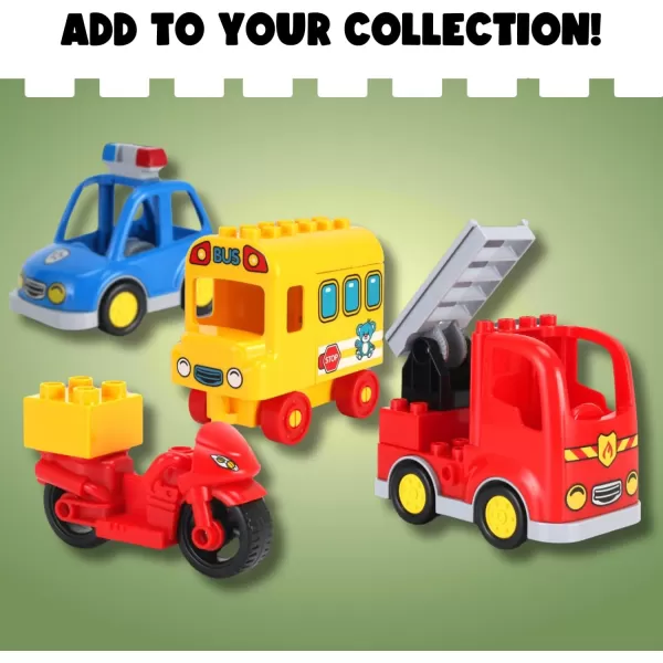 imageLiberty Imports 4Pack City Vehicles Transportation Set Big Building Blocks Compatible with Lego DUPLO  Includes Police Car Fire Truck School Bus Motorcycle Toys for Kids Toddlers