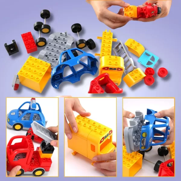 imageLiberty Imports 4Pack City Vehicles Transportation Set Big Building Blocks Compatible with Lego DUPLO  Includes Police Car Fire Truck School Bus Motorcycle Toys for Kids Toddlers