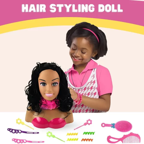 imageLiberty Imports African American Black Makeup and Hair Styling Doll Head Toy Playset with Real Washable Cosmetic and Fashion Dress Up Accessories for Girls Pretend Play