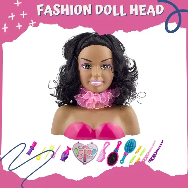 imageLiberty Imports African American Black Makeup and Hair Styling Doll Head Toy Playset with Real Washable Cosmetic and Fashion Dress Up Accessories for Girls Pretend Play