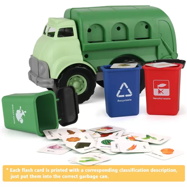 imageLiberty Imports Big Plastic Garbage Truck Toy Waste Management Recycling Green Dump Vehicle with 4 Trash Cans and Recycle Sorting Cards for Little Kids Toddlers