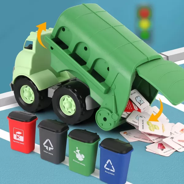 imageLiberty Imports Big Plastic Garbage Truck Toy Waste Management Recycling Green Dump Vehicle with 4 Trash Cans and Recycle Sorting Cards for Little Kids Toddlers