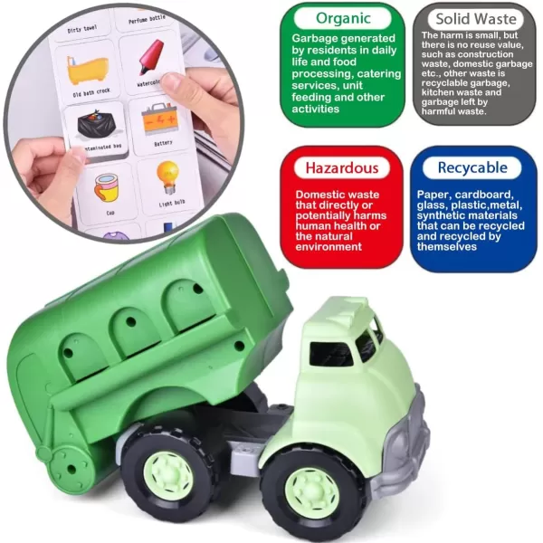 imageLiberty Imports Big Plastic Garbage Truck Toy Waste Management Recycling Green Dump Vehicle with 4 Trash Cans and Recycle Sorting Cards for Little Kids Toddlers