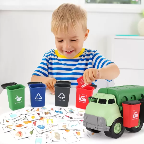 imageLiberty Imports Big Plastic Garbage Truck Toy Waste Management Recycling Green Dump Vehicle with 4 Trash Cans and Recycle Sorting Cards for Little Kids Toddlers
