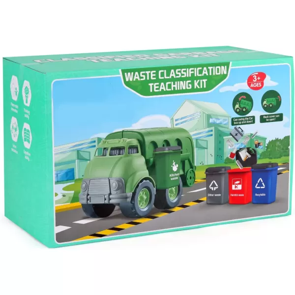imageLiberty Imports Big Plastic Garbage Truck Toy Waste Management Recycling Green Dump Vehicle with 4 Trash Cans and Recycle Sorting Cards for Little Kids Toddlers