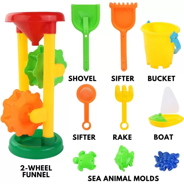 imageLiberty Imports Double Sand ampamp Water Wheel Tower Beach Toy Set wBuiltin Funnel Sieve Bucket Shovel Rake Animal Molds for Kids Toddlers Play