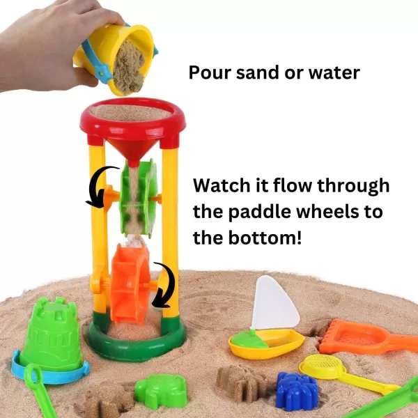 imageLiberty Imports Double Sand ampamp Water Wheel Tower Beach Toy Set wBuiltin Funnel Sieve Bucket Shovel Rake Animal Molds for Kids Toddlers Play